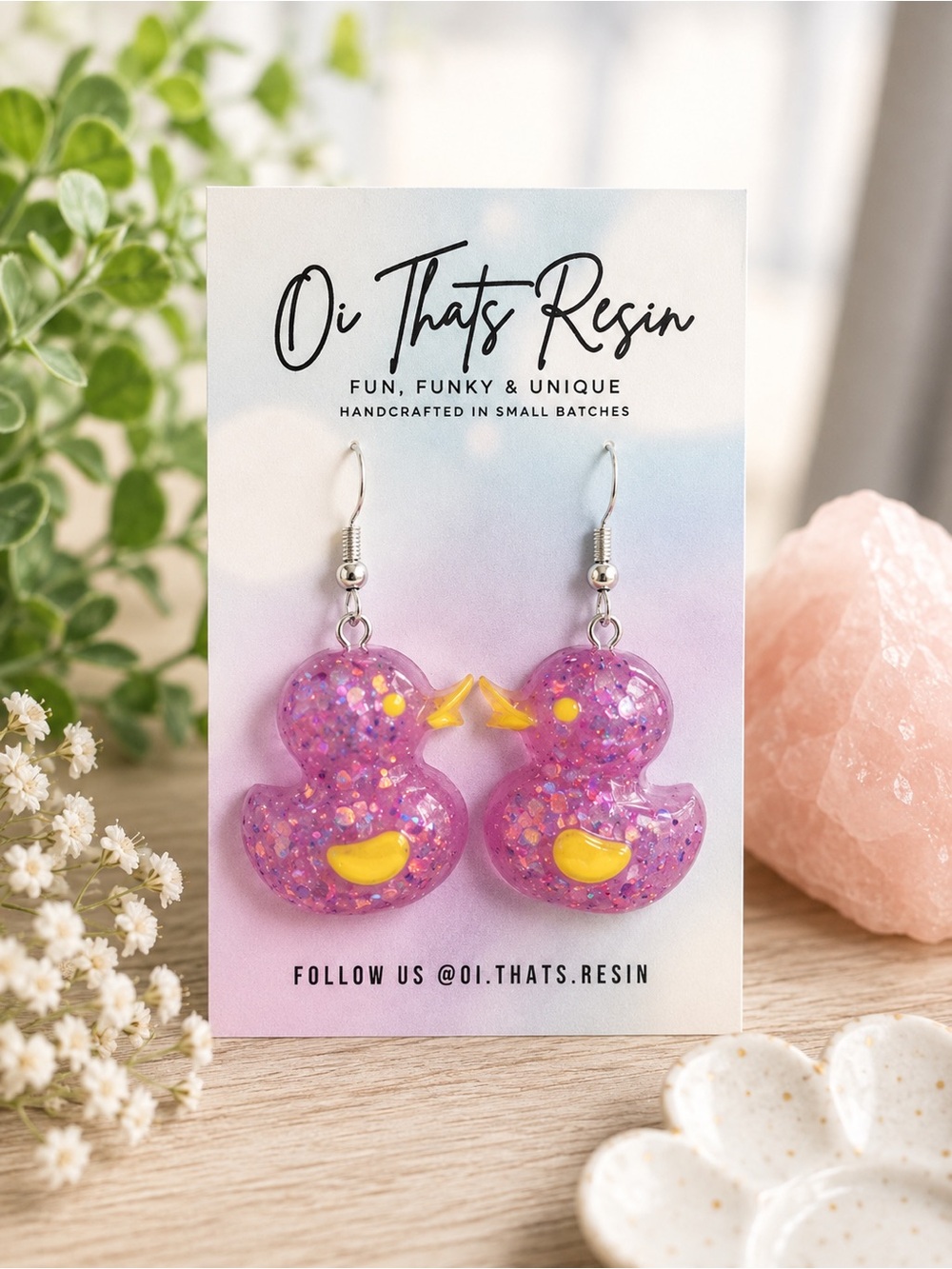 Handmade Glitter Purple Rubber Duck Dangle Earrings | Kawaii teacher Earrings